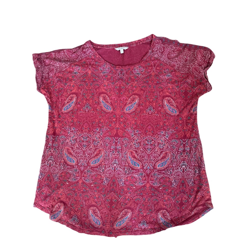 Lucky Brand Womens 2X Paisley Print Knit Top Pink Red Short Sleeve Scoop Neck